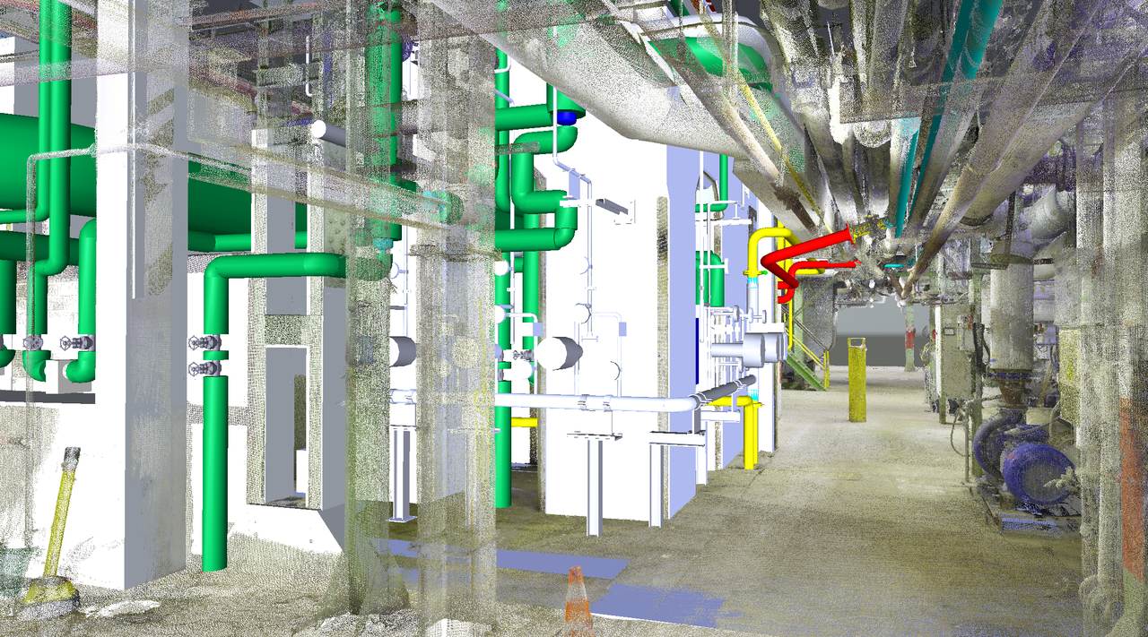 Modèle 3D de la nouvelle installation superposé au nuage de points du site existant