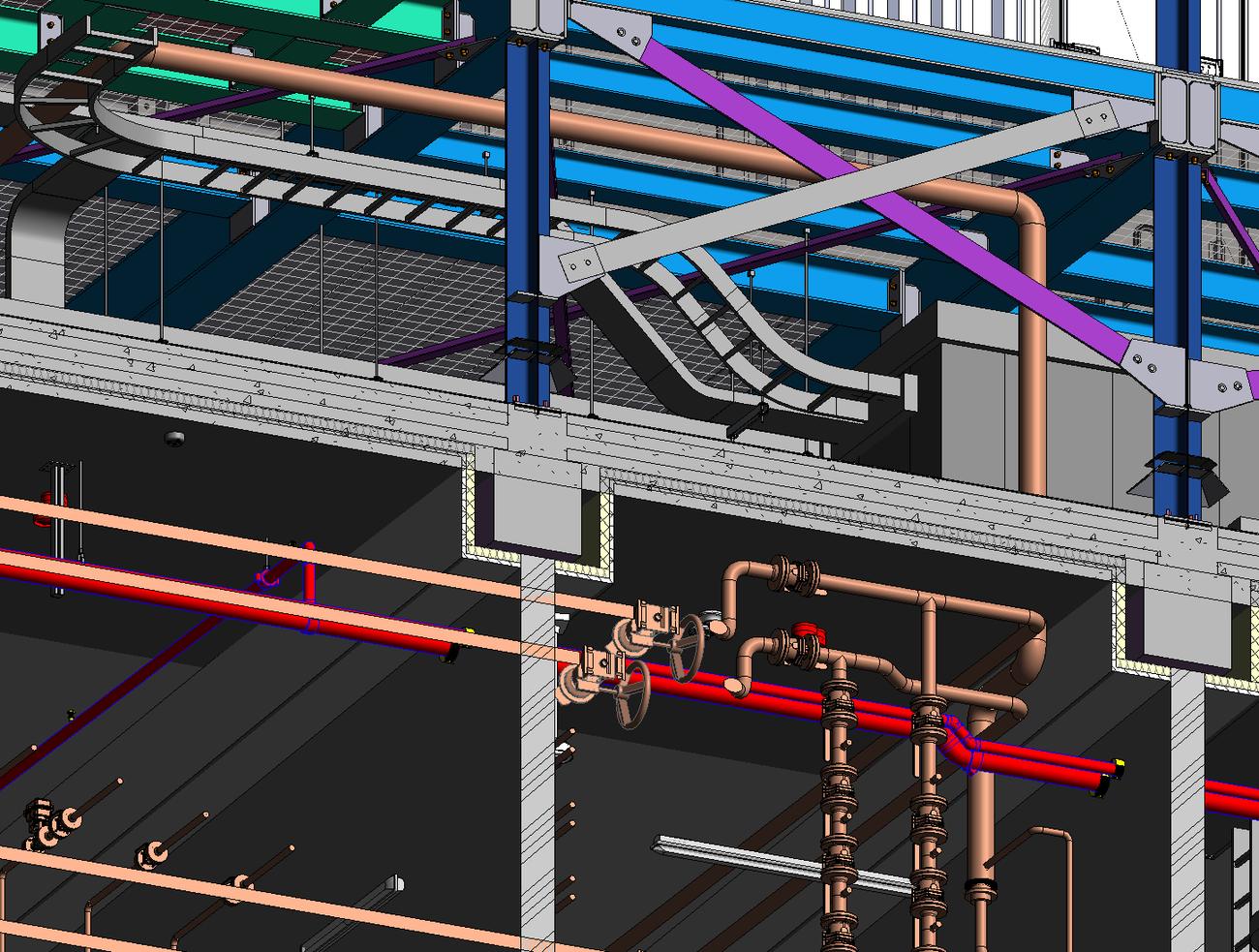 Maquette Revit du Data Center LCL réunissant structure métallique, chemins de câbles, gaines de ventilation et tuyauteries
