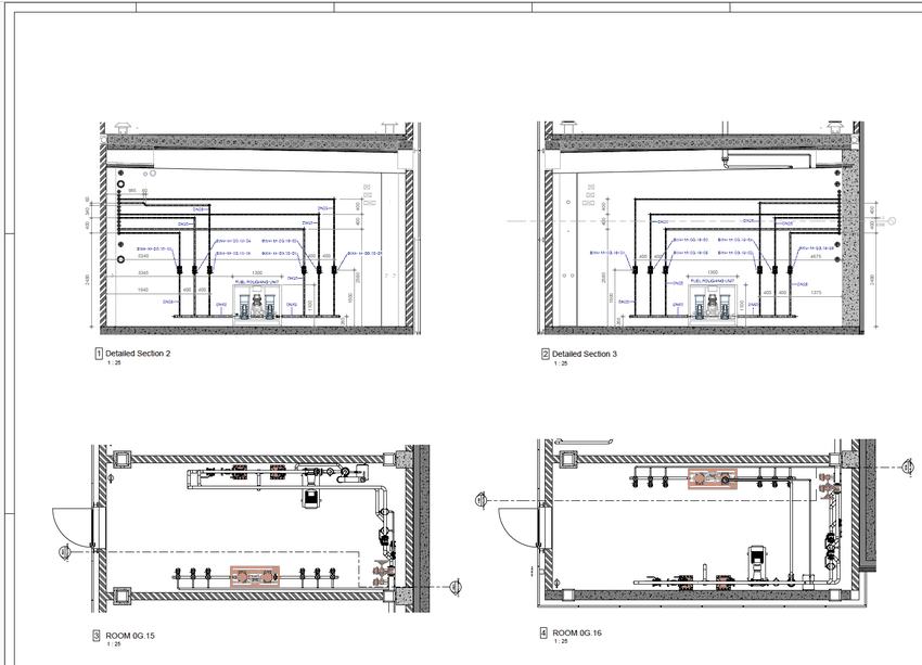 Planche de plans 2D : coupes de détail et vues en plan des locaux techniques, extraites de la maquette Revit
