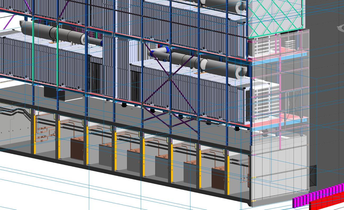 Vue d'ensemble de la maquette 3D du bâtiment, niveaux techniques et équipements de refroidissement